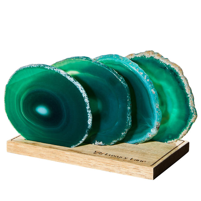 Set of 4 Natural Brazilian Agate Drink Coasters with Wood Holder - Emerald