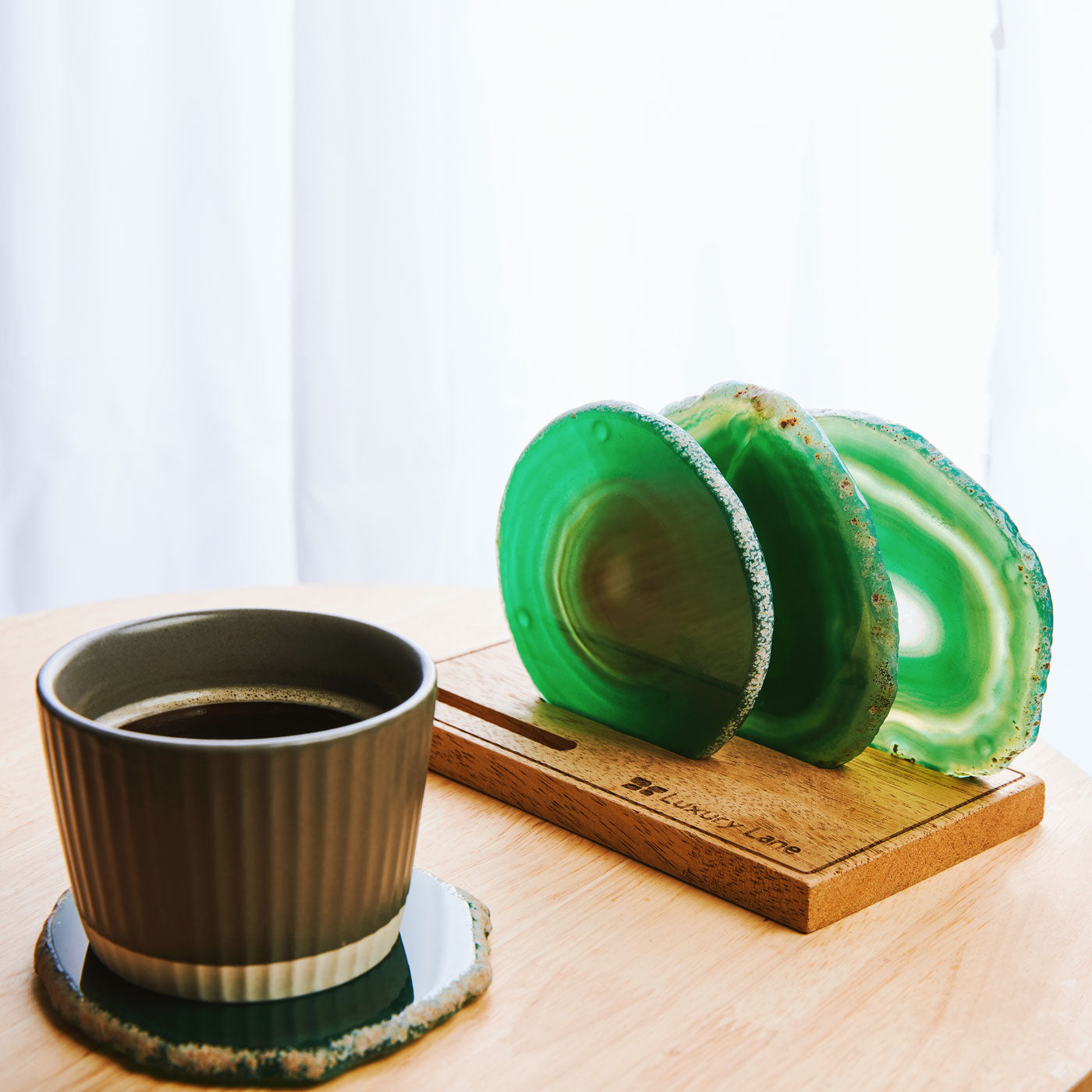 Set of 4 Natural Brazilian Agate Drink Coasters with Wood Holder - Emerald