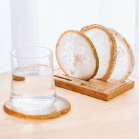 Set of 4 Natural Brazilian Agate Drink Coasters with Wood Holder - Natural