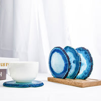 Set of 4 Natural Brazilian Agate Drink Coasters with Wood Holder - Ocean