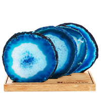 Set of 4 Natural Brazilian Agate Drink Coasters with Wood Holder - Ocean