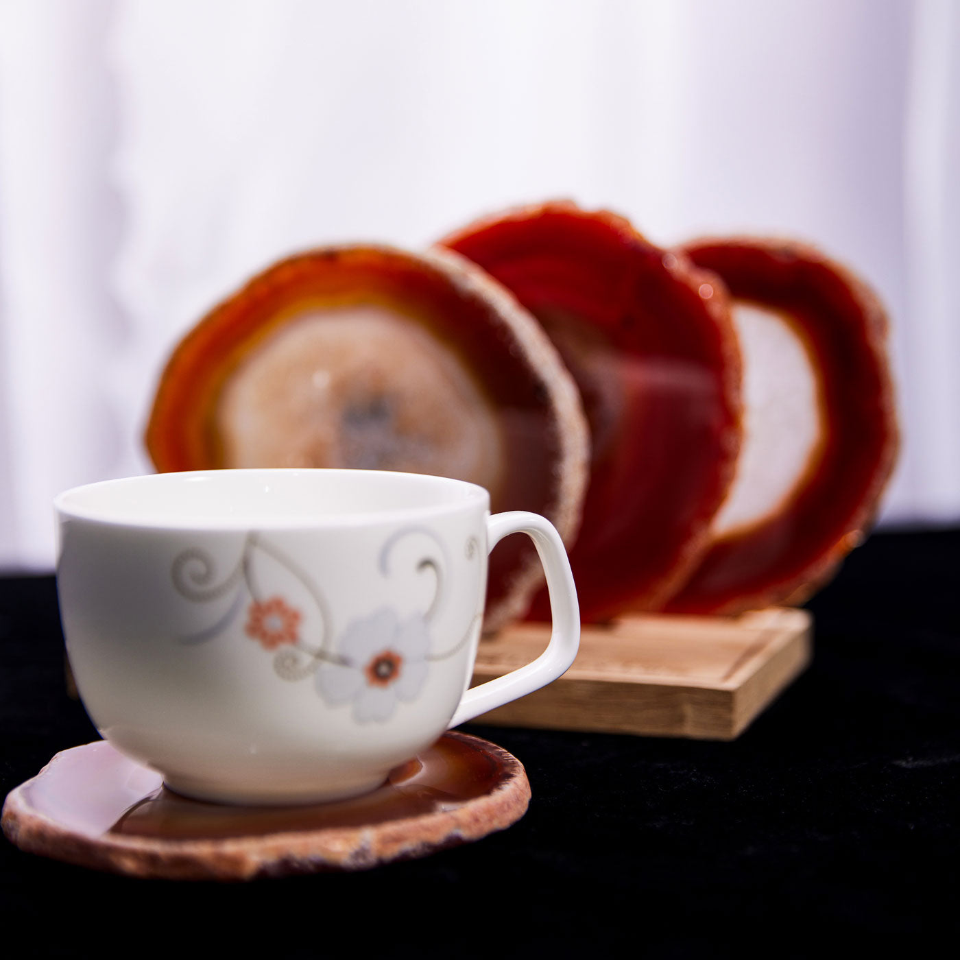 Set of 4 Natural Brazilian Agate Drink Coasters with Wood Holder - Red Amber