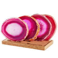 Set of 4 Natural Brazilian Agate Drink Coasters with Wood Holder - Rose Pink