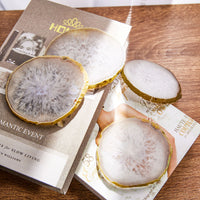 Set of 4 Natural Brazilian Agate Drink Coasters with Wood Holder - White