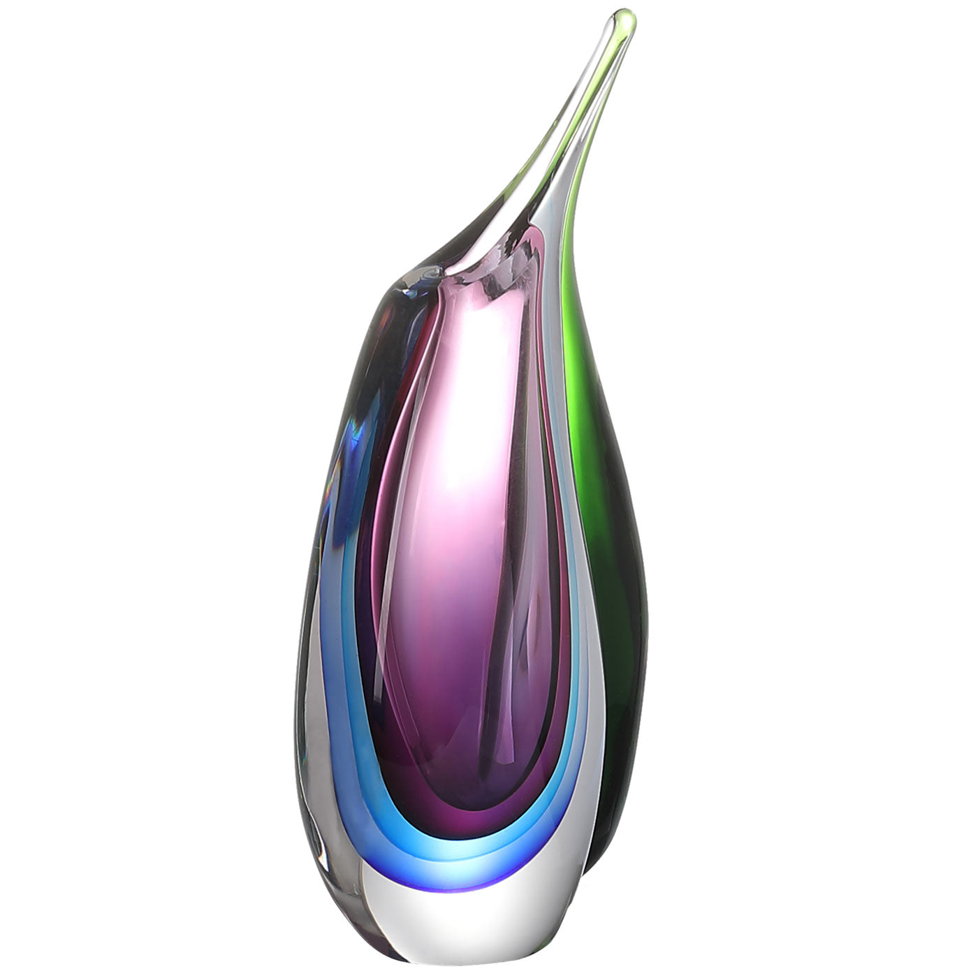 Hand Blown Multicolor Sommerso Teardrop Art Glass Vase with Angled Lip 9.5 inch tall