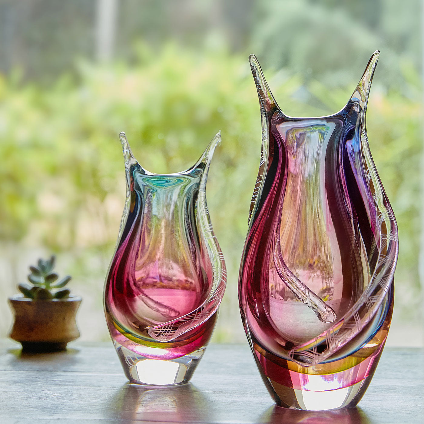 Hand Blown Sommerso Art Glass Teardrop Vase 8-10.5 inch tall