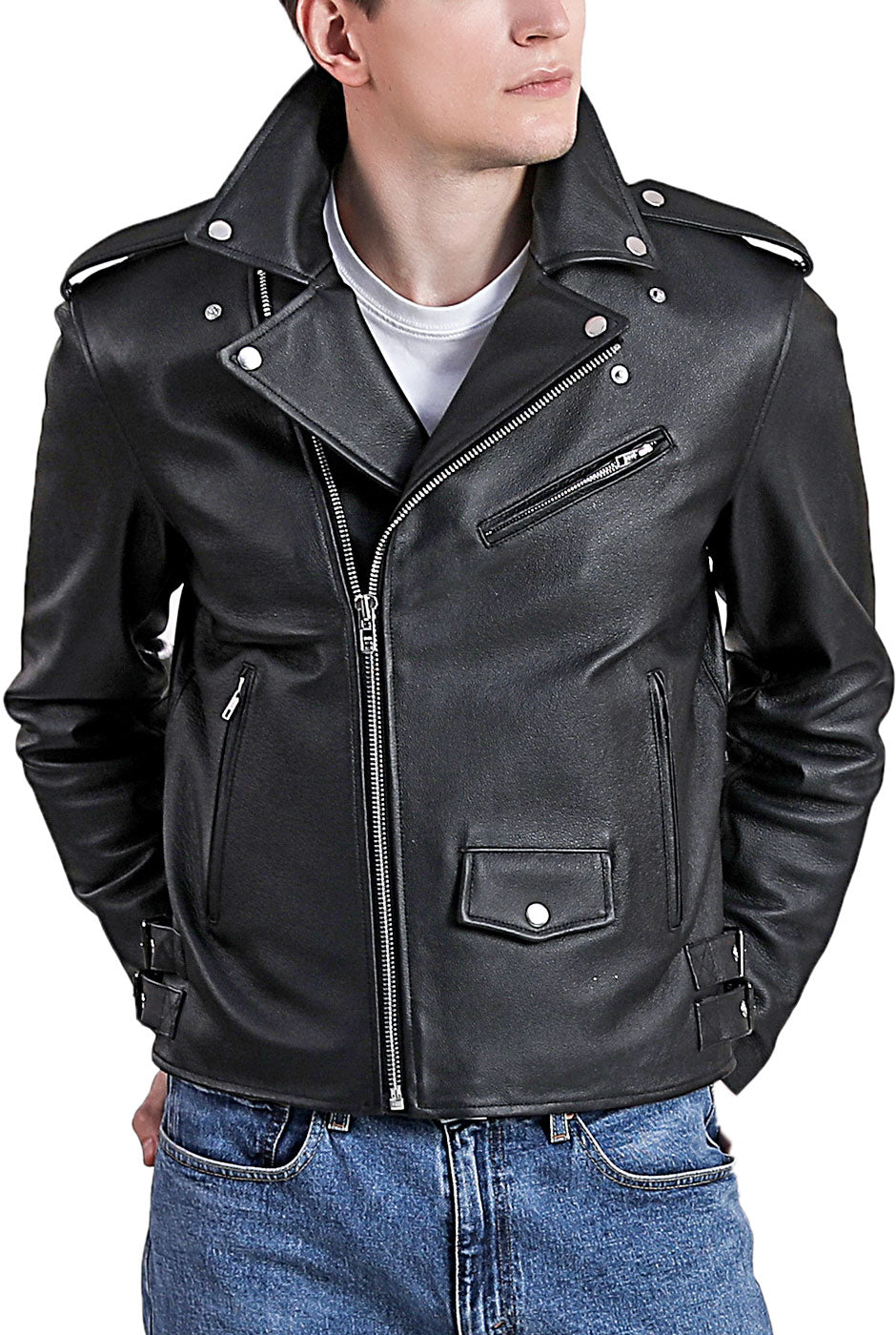 BGSD Men City Cowhide Leather Motorcycle Jacket 2XLT Big Tall Black