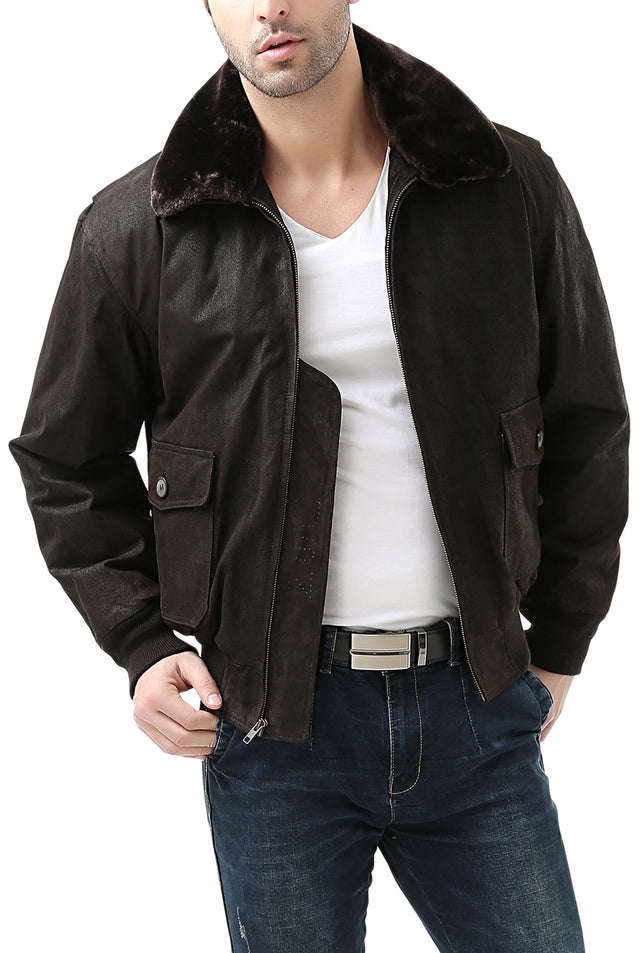 Landing Leathers Navy Men G-1 Distressed Leather Flight Bomber Jacket