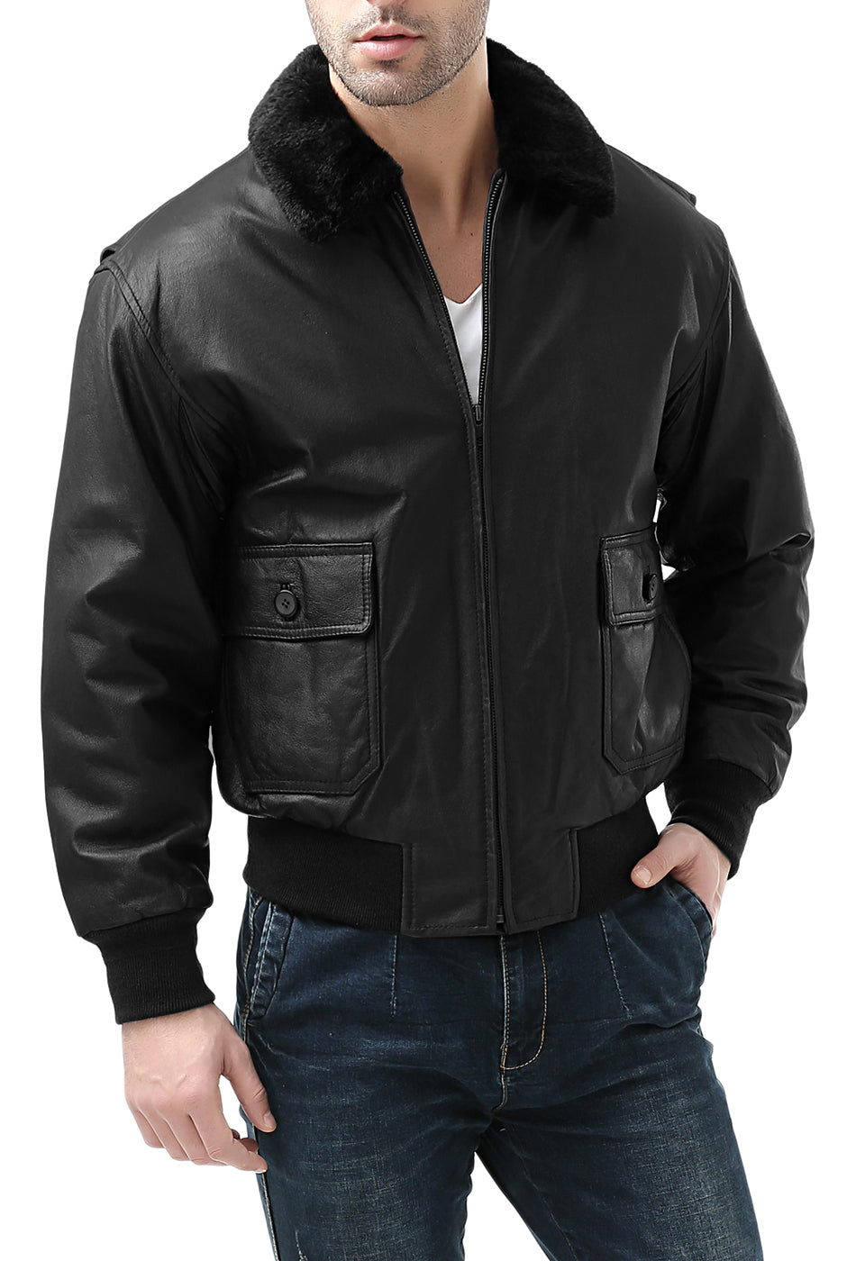 Landing Leathers Men Navy G-1 Leather Flight Bomber Jacket