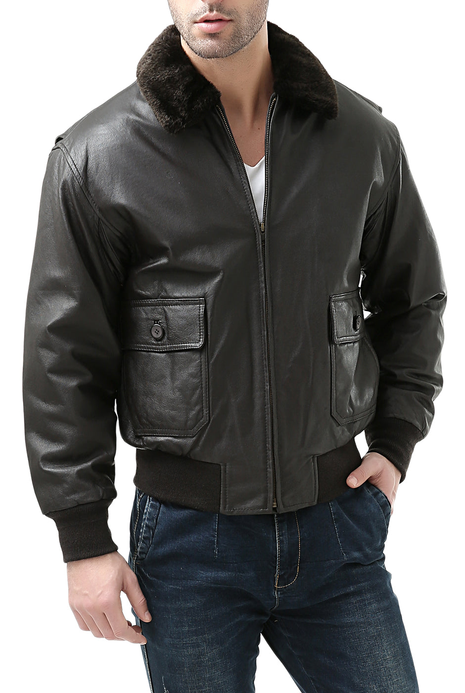 Landing Leathers Men Navy G-1 Leather Flight Bomber Jacket