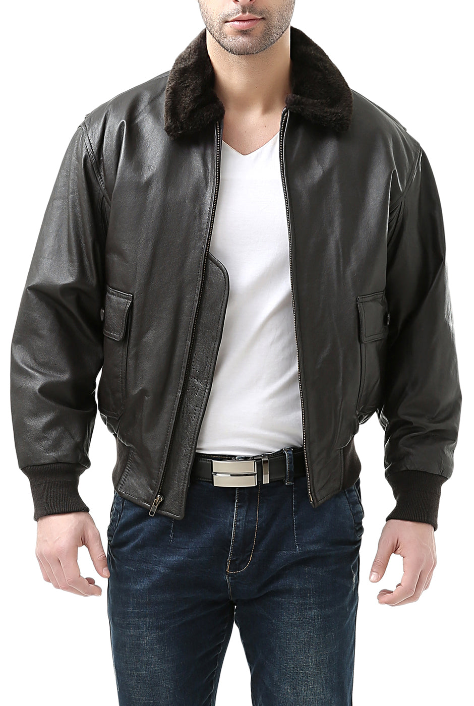 Landing Leathers Men Navy G-1 Leather Flight Bomber Jacket