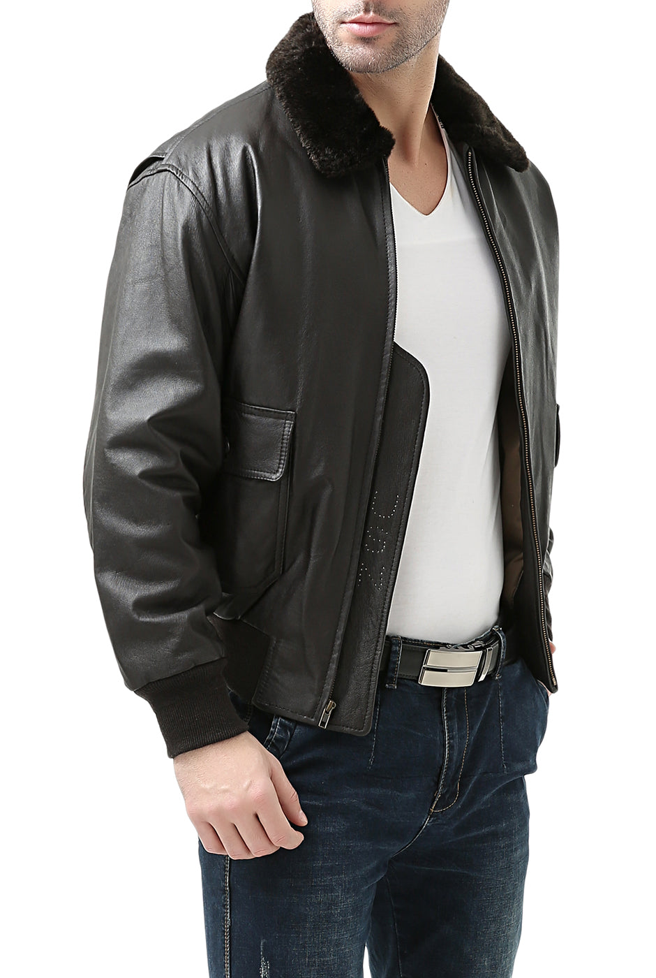 Landing Leathers Men Navy G-1 Leather Flight Bomber Jacket