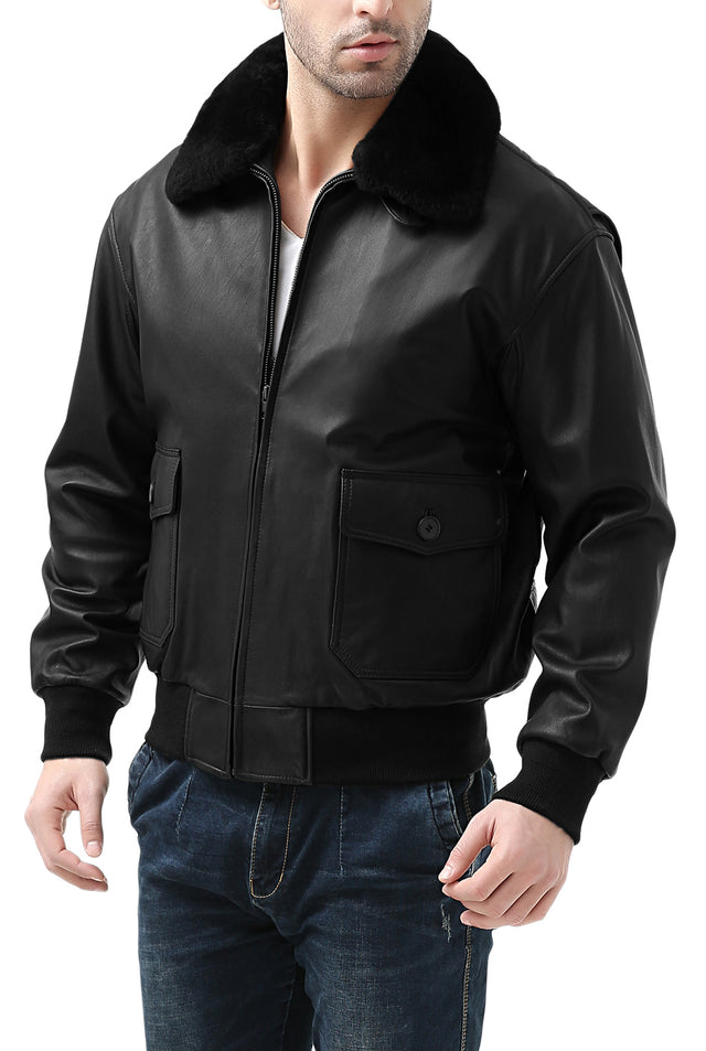 Landing Leathers Men Premium Navy G-1 Goatskin Leather Flight Bomber Jacket