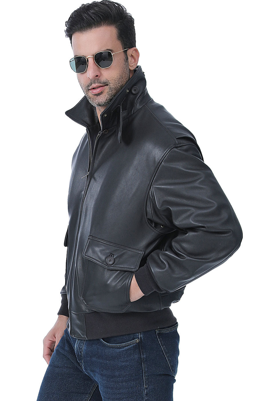 Landing Leathers Men Premium Navy G-1 Goatskin Leather Flight Bomber Jacket