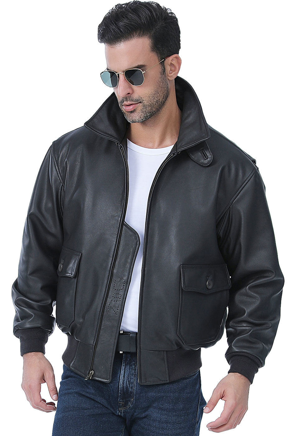 Landing Leathers Men Premium Navy G-1 Goatskin Leather Flight Bomber Jacket