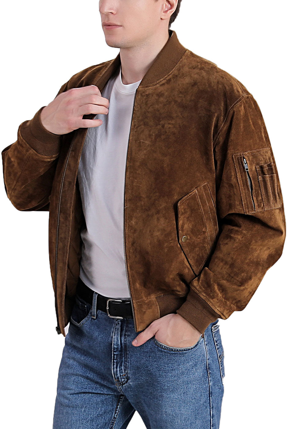 Landing Leathers Men MA-1 Suede Leather Flight Bomber Jacket