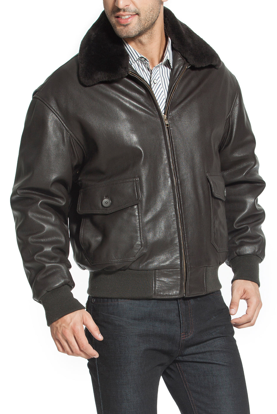 Landing Leathers Navy Men G-1 Goatskin Leather Flight Bomber Jacket