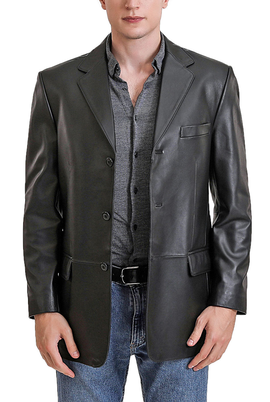 BGSD Men Liam Three-Button Leather Blazer