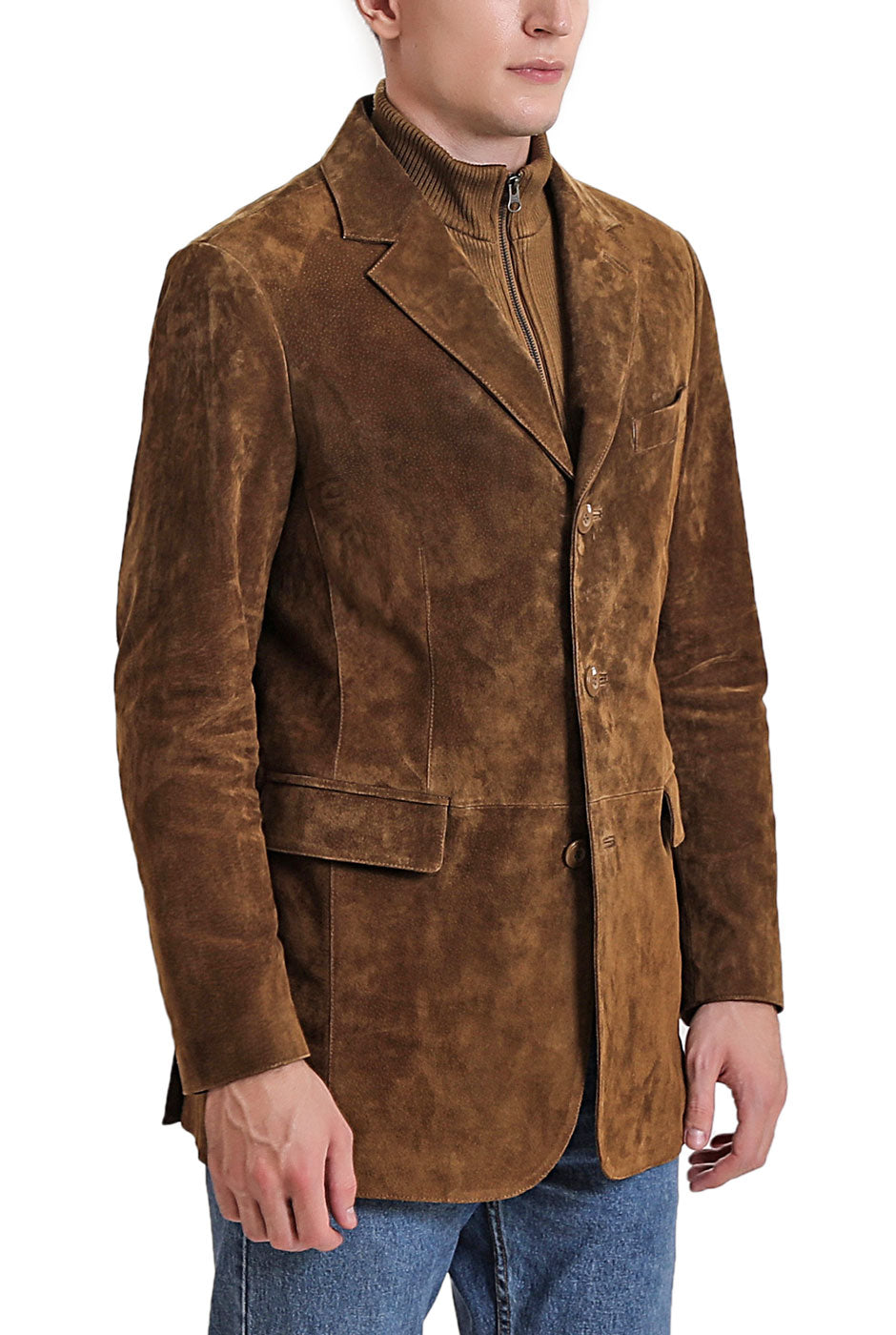 BGSD Men Brett Suede Leather Blazer with Zip-Out Bib