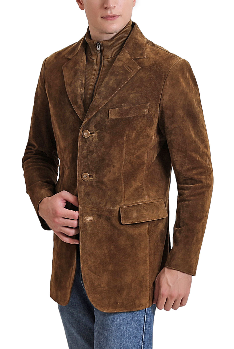 BGSD Men Brett Suede Leather Blazer with Zip-Out Bib