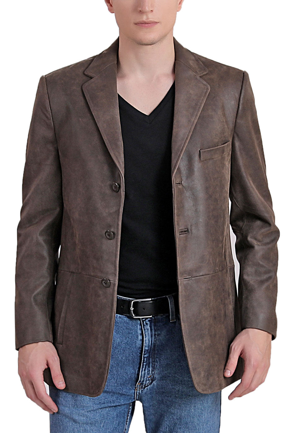 BGSD Men Nathan Three-Button Distressed Cowhide Leather Blazer