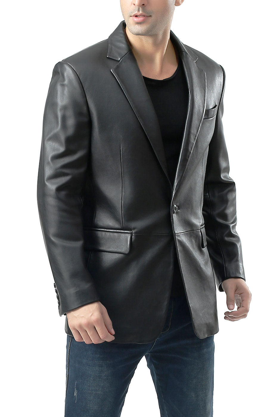 BGSD Men Nicholas One-Button Lambskin Leather Blazer