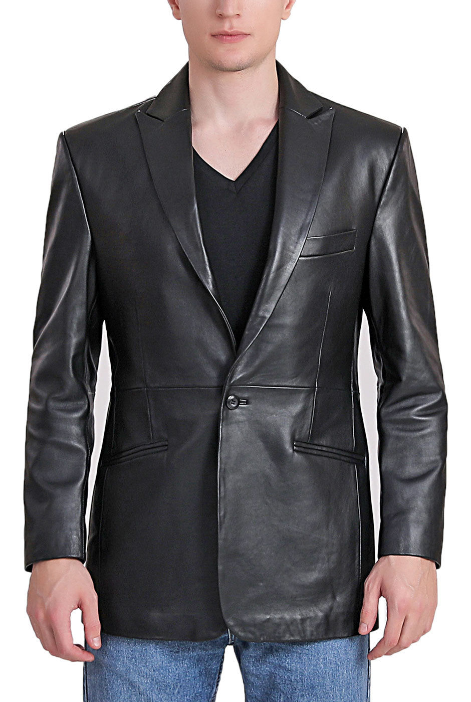 BGSD Men Judd One-Button Lambskin Leather Blazer