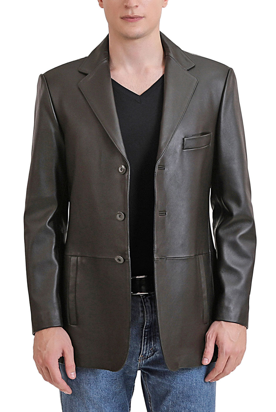 BGSD Men Leroy Three Button Lambskin Leather Blazer