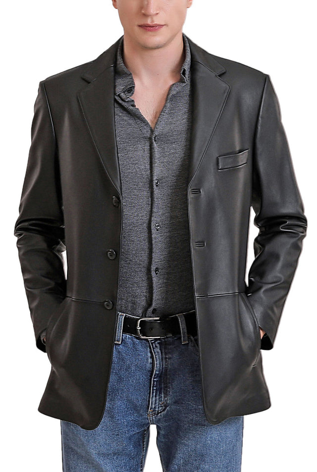 BGSD Men Leroy Three Button Lambskin Leather Blazer