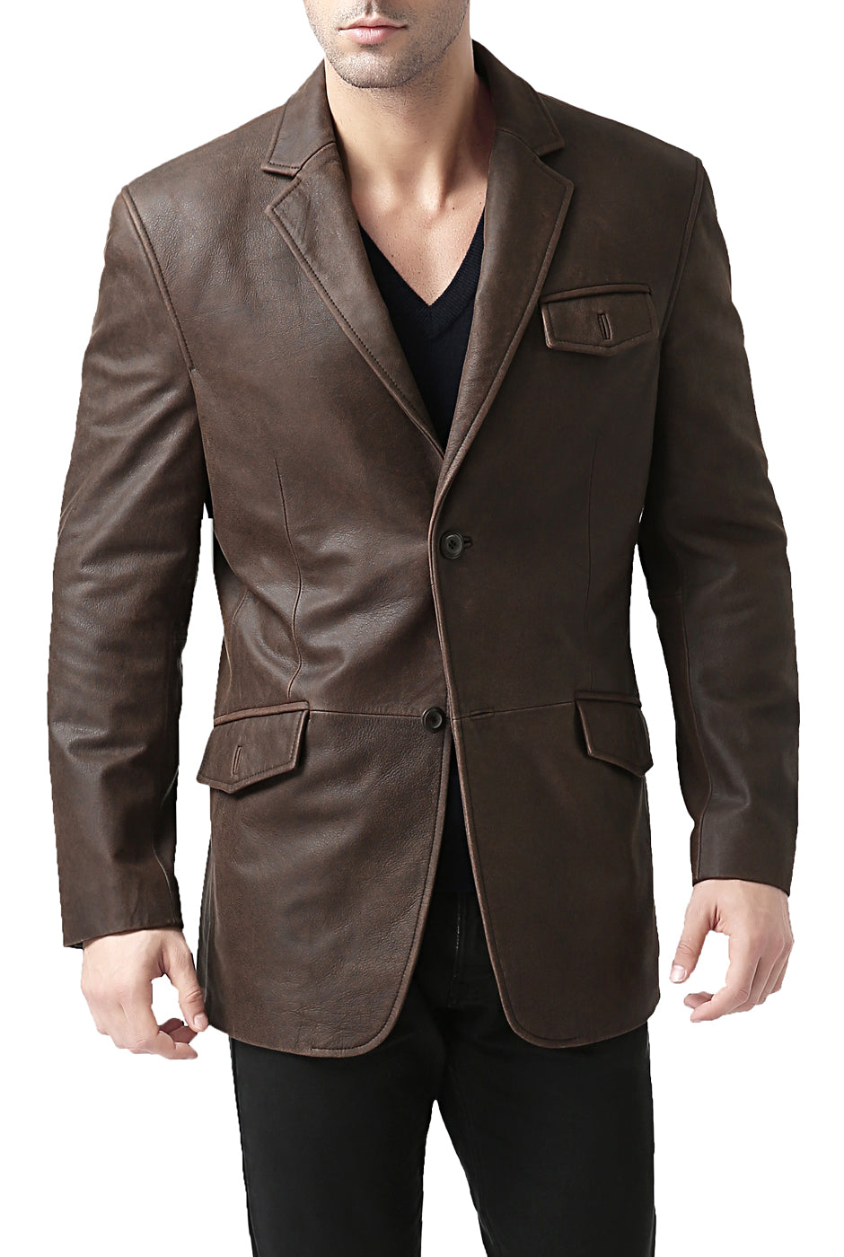 BGSD Men Two-Button Cowhide Leather Blazer