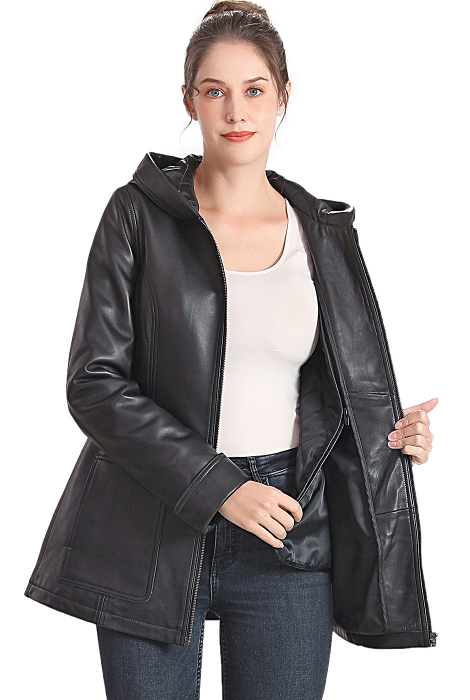 BGSD Women Cara Hooded Lambskin Leather Coat