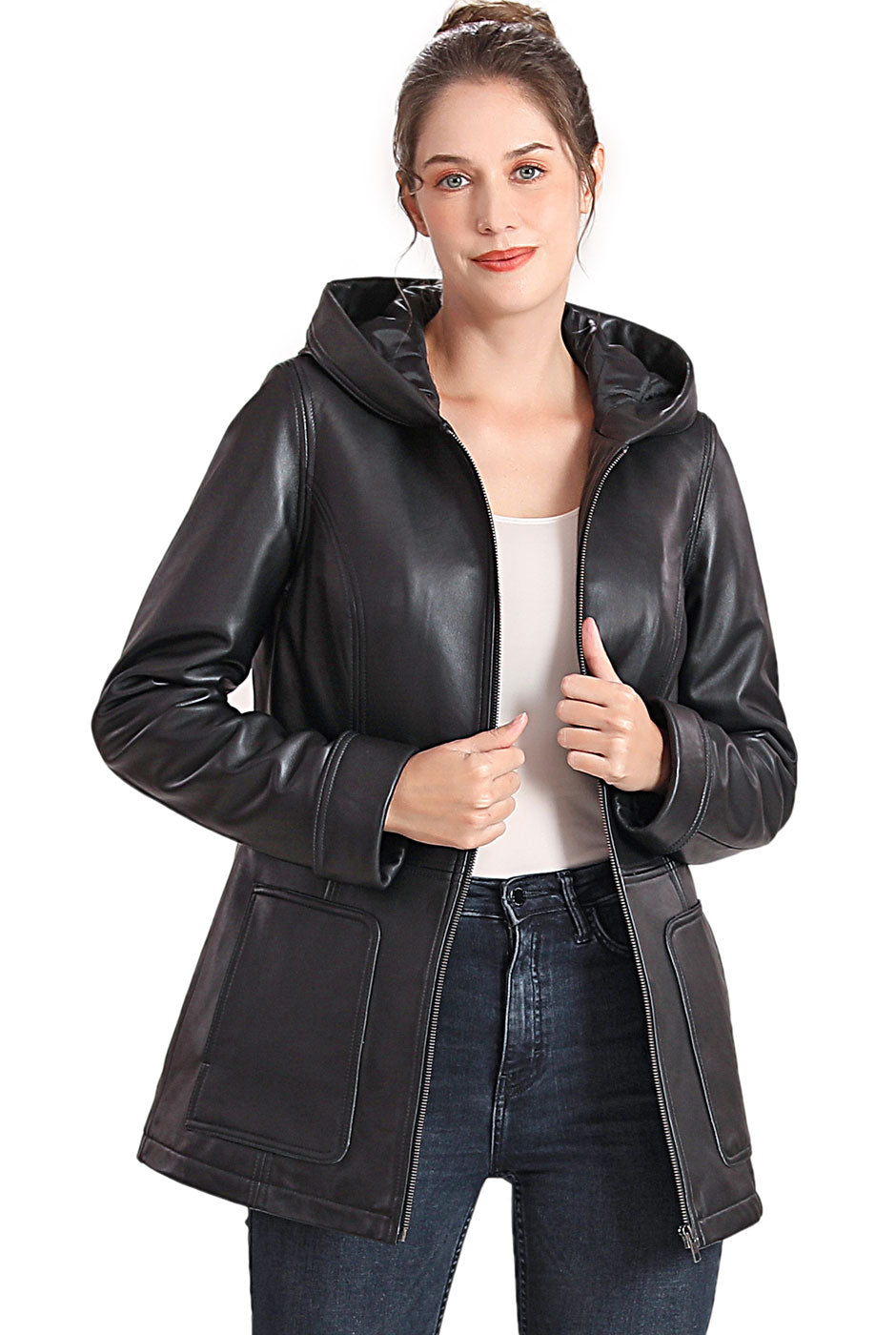 BGSD Women Cara Hooded Lambskin Leather Coat