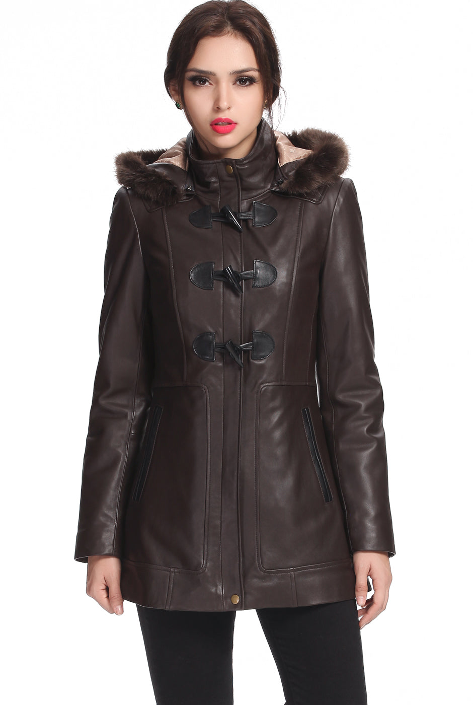 BGSD Women Amanda Hooded Lambskin Leather Toggle Coat