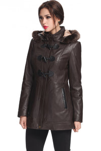 BGSD Women Amanda Hooded Lambskin Leather Toggle Coat