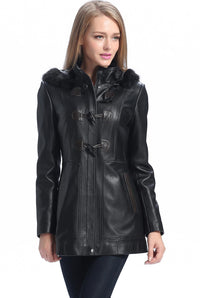 BGSD Women Amanda Hooded Lambskin Leather Toggle Coat