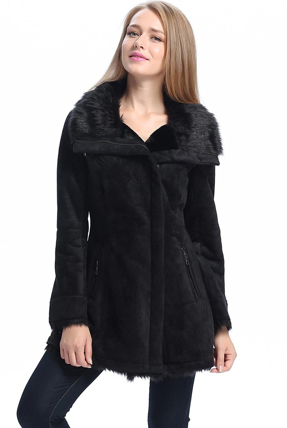 BGSD Women's "Zara" Zip Front Faux Shearling Coat