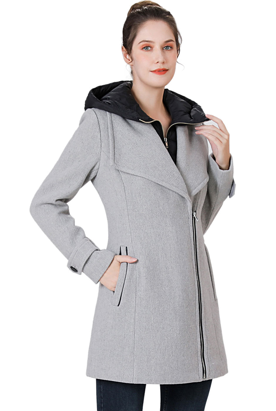 BGSD Women Rue Wool Asymmetric Zipper Coat with Removable Hood