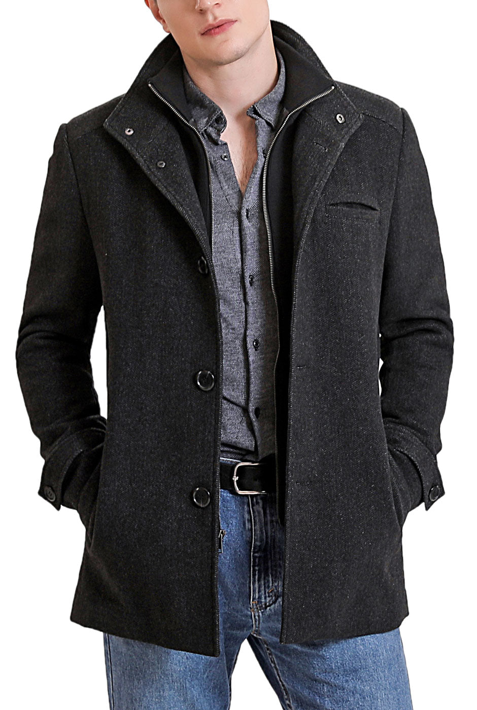 Landing Leathers Men Russell Herringbone Wool Car Coat with Removable Bib