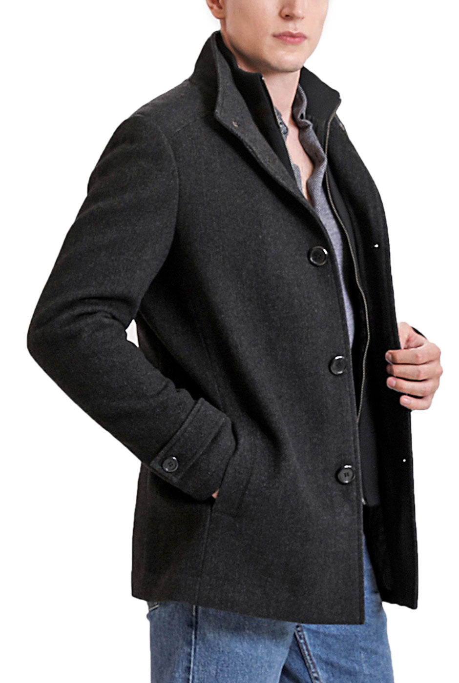 Landing Leathers Men Russell Herringbone Wool Car Coat with Removable Bib