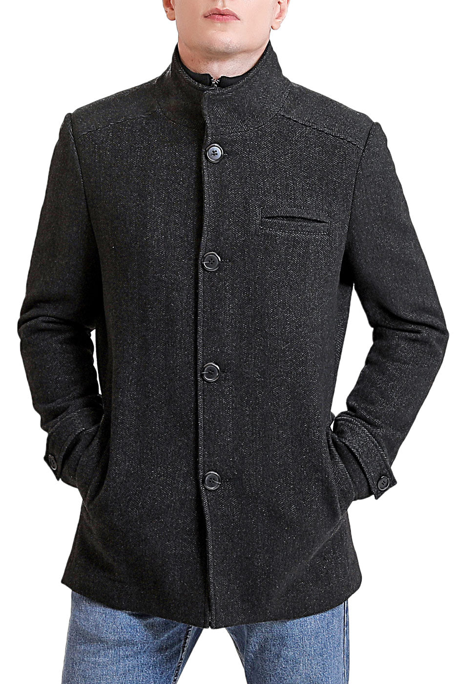 Landing Leathers Men Russell Herringbone Wool Car Coat with Removable Bib