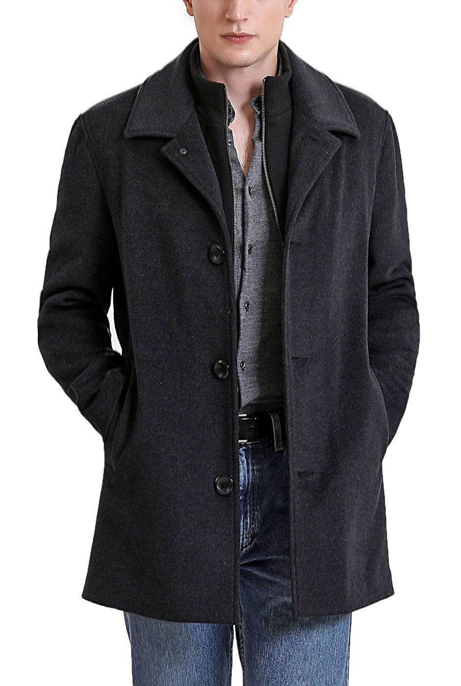 Landing Leathers Men Paul Cashmere Wool Blend Car Coat with Removable Bib