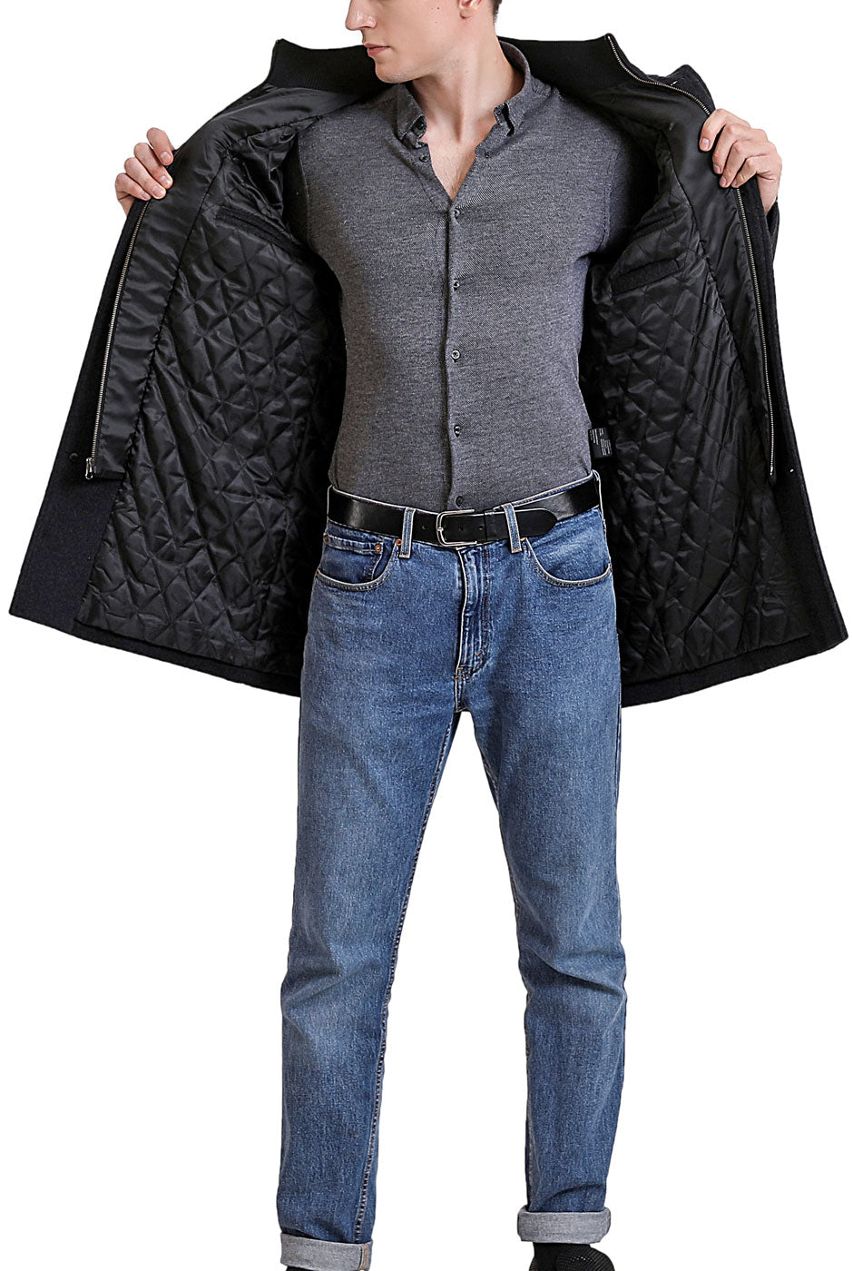 Landing Leathers Men Paul Cashmere Wool Blend Car Coat with Removable Bib