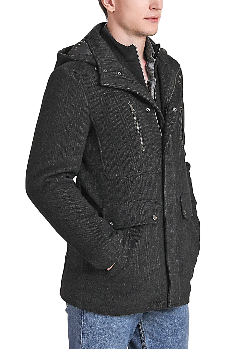 BGSD Men Adam Herringbone Wool Car Coat with Removable Bib