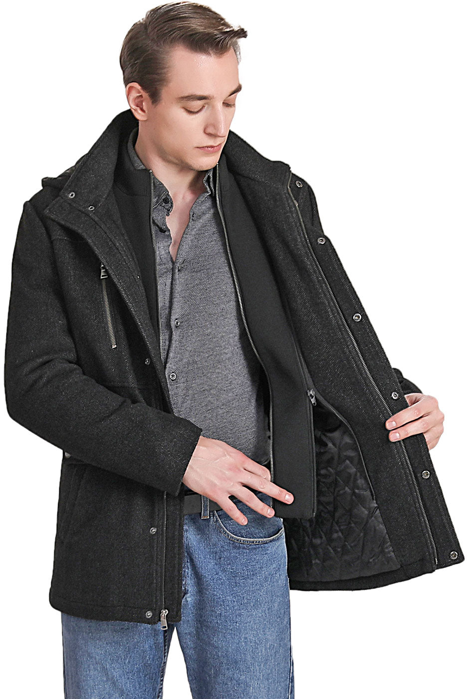 BGSD Men Adam Herringbone Wool Car Coat with Removable Bib