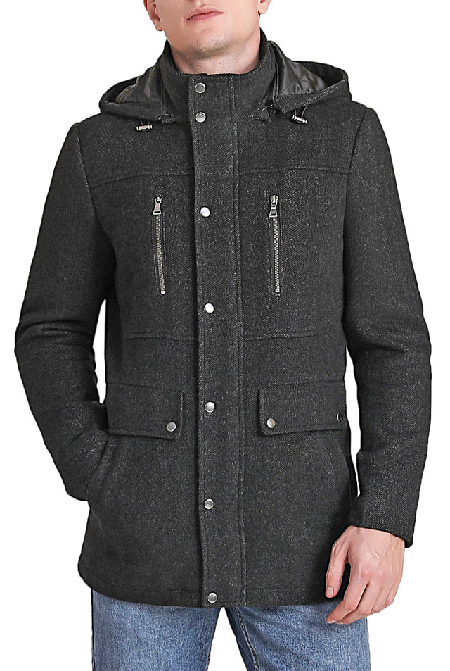 BGSD Men Adam Herringbone Wool Car Coat with Removable Bib