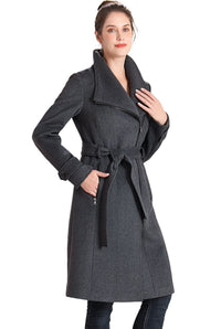 BGSD Women Mel Wool Belted Wrap Trench Coat with Removable Bib