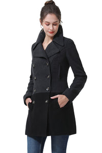 BGSD Women Gem Color Block Wool Pea Coat