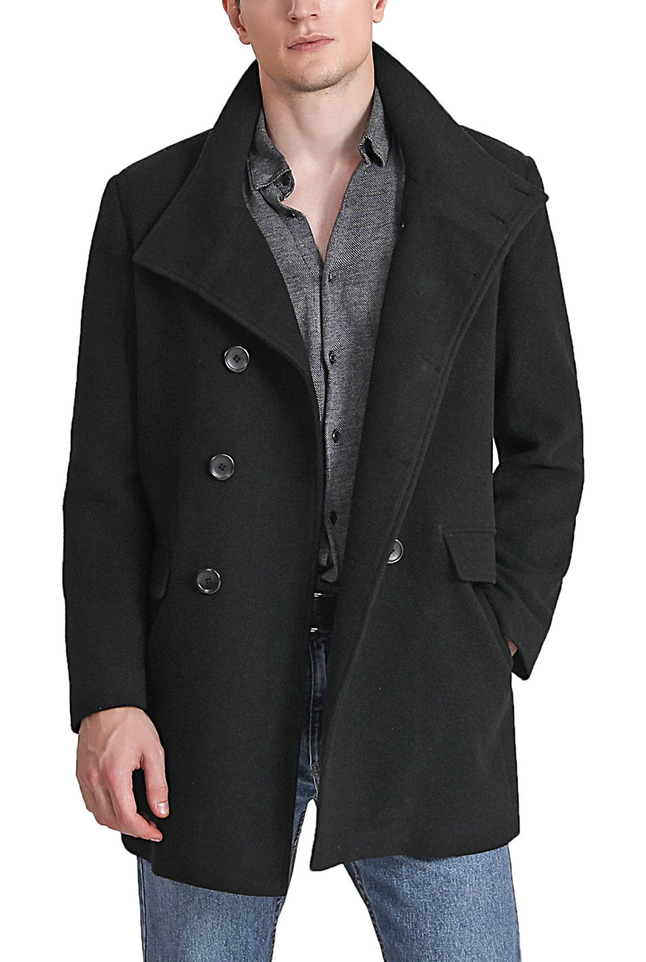 Landing Leathers Men Wing Collar City Wool Blend Pea Coat