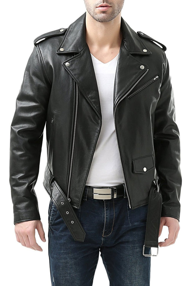 BGSD Men Classic Cowhide Leather Motorcycle Jacket