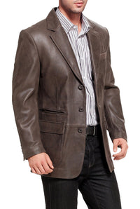 BGSD Men Mark Three-Button Distressed Cowhide Leather Blazer